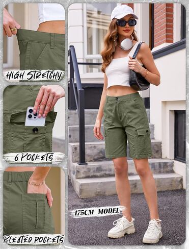 Eddoyee Bermuda Cargo Shorts for Women Stretchy High Waisted 6 Pockets Long Shorts Knee Length in Saudi Arabia