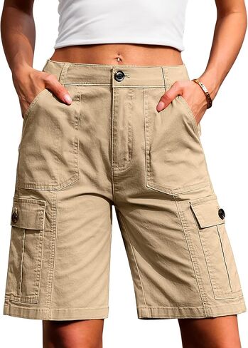 Eddoyee Bermuda Cargo Shorts for Women Stretchy High Waisted 6 Pockets Long Shorts Knee Length in Saudi Arabia
