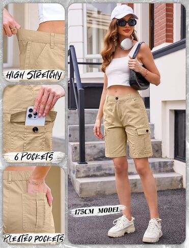 Eddoyee Bermuda Cargo Shorts for Women Stretchy High Waisted 6 Pockets Long Shorts Knee Length in Saudi Arabia