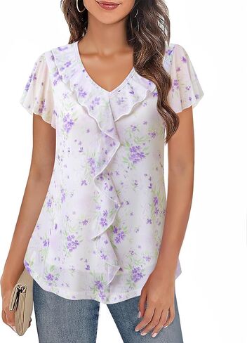 Timeson Women's Short Sleeve Tops Dressy Casual Ruffle V Neck Blouses Ladies Summer Shirts in Kuwait