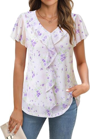 Timeson Women's Short Sleeve Tops Dressy Casual Ruffle V Neck Blouses Ladies Summer Shirts in Kuwait