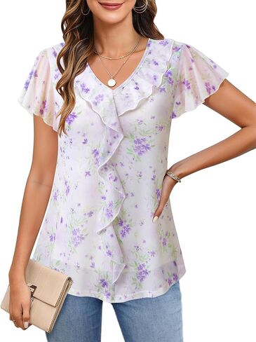 Timeson Women's Short Sleeve Tops Dressy Casual Ruffle V Neck Blouses Ladies Summer Shirts in Kuwait