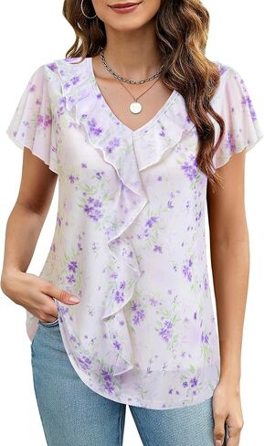 Timeson Women's Short Sleeve Tops Dressy Casual Ruffle V Neck Blouses Ladies Summer Shirts in Kuwait