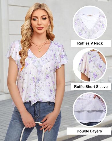 Timeson Women's Short Sleeve Tops Dressy Casual Ruffle V Neck Blouses Ladies Summer Shirts in Kuwait