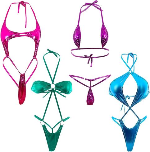 Zhanmai 4 Pcs Womens G String Thong Bikini Bikini Women's Exotic Lingerie Sets Swimwear Beachwear Swimsuit for Summer (Blue, Rose, Green, Purple) in Saudi Arabia