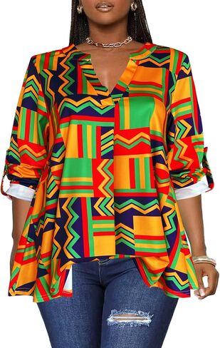 Afibi Women's Casual African V Neck Long Sleeve Tunic Tops in Saudi Arabia
