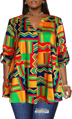 Afibi Women's Casual African V Neck Long Sleeve Tunic Tops in Saudi Arabia