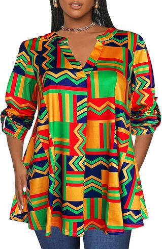 Afibi Women's Casual African V Neck Long Sleeve Tunic Tops in Saudi Arabia