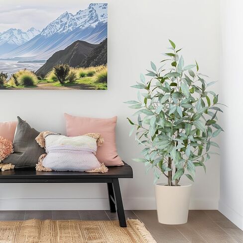 Artificial Eucalyptus Tree, 4ft Tall Fake Silk Plants with Pot, Faux Floor Plant with White Leave Fake, Artificial Plants Indoor for Home Office Decor in Saudi Arabia