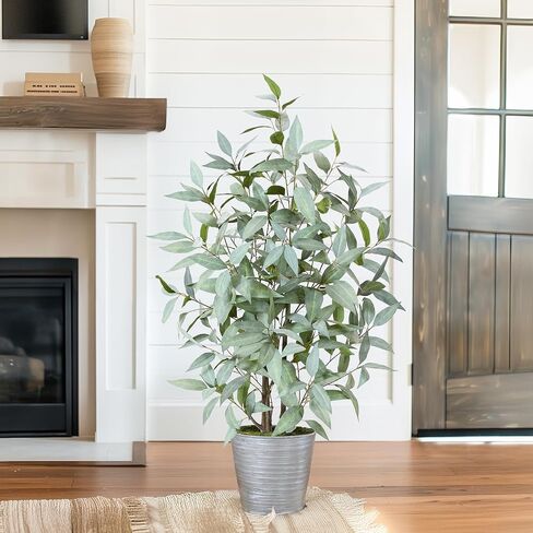 Artificial Eucalyptus Tree, 4ft Tall Fake Silk Plants with Pot, Faux Floor Plant with White Leave Fake, Artificial Plants Indoor for Home Office Decor in Saudi Arabia