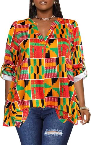 Afibi Women's Casual African V Neck Long Sleeve Tunic Tops in Saudi Arabia