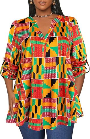 Afibi Women's Casual African V Neck Long Sleeve Tunic Tops in Saudi Arabia