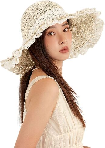 Women Sun Hat Wide Brim Breathable Lace Ruffle Straw Hat with Bowknot Strap Beach Park Pool Travel Tea Party Headgear in Saudi Arabia