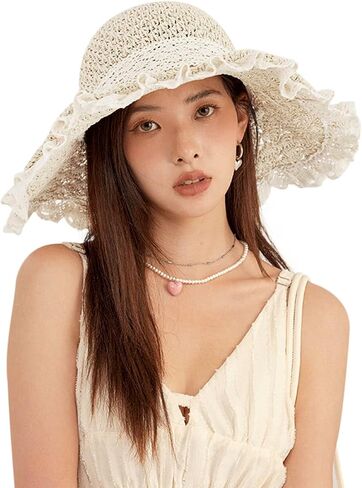 Women Sun Hat Wide Brim Breathable Lace Ruffle Straw Hat with Bowknot Strap Beach Park Pool Travel Tea Party Headgear in Saudi Arabia