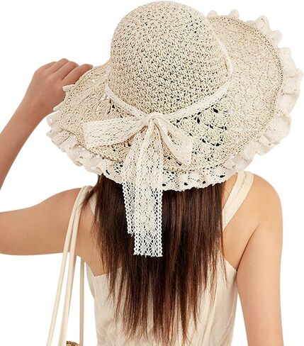 Women Sun Hat Wide Brim Breathable Lace Ruffle Straw Hat with Bowknot Strap Beach Park Pool Travel Tea Party Headgear in Saudi Arabia