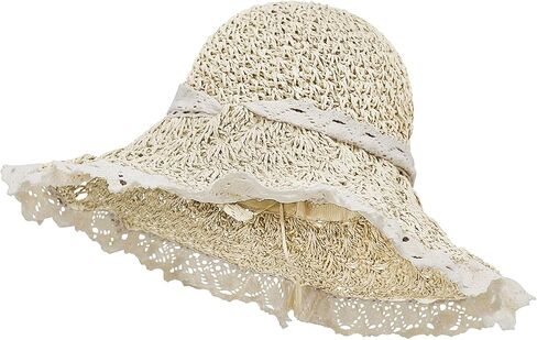 Women Sun Hat Wide Brim Breathable Lace Ruffle Straw Hat with Bowknot Strap Beach Park Pool Travel Tea Party Headgear in Saudi Arabia