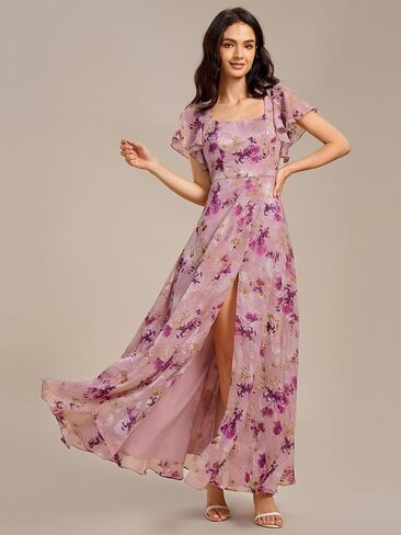 Ever-Pretty Women's Square Neck Short Sleeves Split Chiffon Floor Length A-Line Formal Wedding Guest Dress 02409 in Kuwait