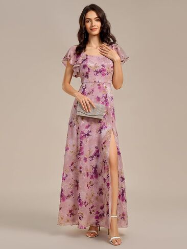 Ever-Pretty Women's Square Neck Short Sleeves Split Chiffon Floor Length A-Line Formal Wedding Guest Dress 02409 in Kuwait