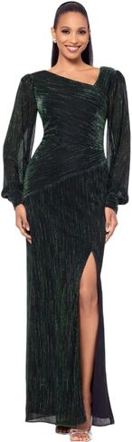 Betsy & Adam Women's Plus Size One-Shoulder Shimmer Long Sleeve Maxi Dress with Side Slit in Saudi Arabia
