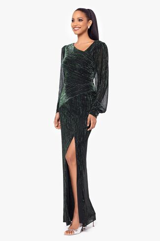 Betsy & Adam Women's Plus Size One-Shoulder Shimmer Long Sleeve Maxi Dress with Side Slit in Saudi Arabia