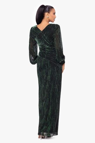 Betsy & Adam Women's Plus Size One-Shoulder Shimmer Long Sleeve Maxi Dress with Side Slit in Saudi Arabia