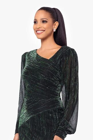 Betsy & Adam Women's Plus Size One-Shoulder Shimmer Long Sleeve Maxi Dress with Side Slit in Saudi Arabia