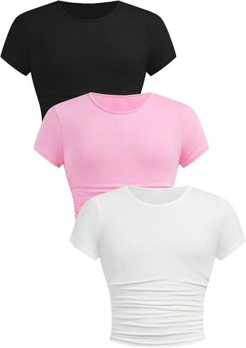 Floerns Girl's 3 Piece Short Sleeve T Shirts Ruched Crew Neck Basic Tee Tops in Saudi Arabia
