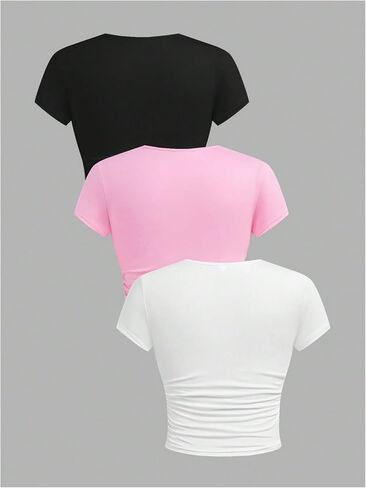 Floerns Girl's 3 Piece Short Sleeve T Shirts Ruched Crew Neck Basic Tee Tops in Saudi Arabia