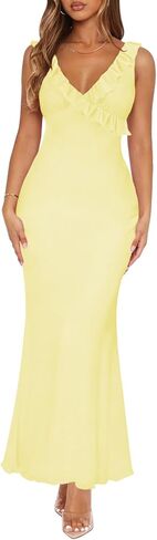Women Sexy Sleeveless V-Neck Ruffle Backless Summer Dresses Long Formal Dress for Women Cocktail Party Prom Dress in Saudi Arabia