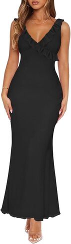 Women Sexy Sleeveless V-Neck Ruffle Backless Summer Dresses Long Formal Dress for Women Cocktail Party Prom Dress in Saudi Arabia