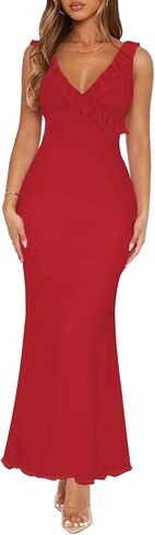 Women Sexy Sleeveless V-Neck Ruffle Backless Summer Dresses Long Formal Dress for Women Cocktail Party Prom Dress in Saudi Arabia