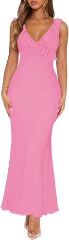 Women Sexy Sleeveless V-Neck Ruffle Backless Summer Dresses Long Formal Dress for Women Cocktail Party Prom Dress in Kuwait