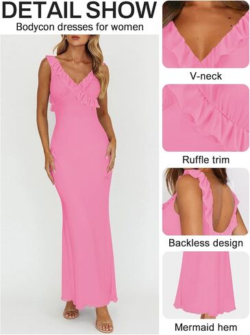 Women Sexy Sleeveless V-Neck Ruffle Backless Summer Dresses Long Formal Dress for Women Cocktail Party Prom Dress in Kuwait
