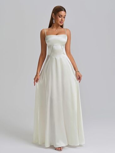KUTUMAI Satin Maxi Dress Spaghetti Strap Lace Up Long Formal Dresses for Women Wedding Guest Cocktail Evening Prom in Saudi Arabia