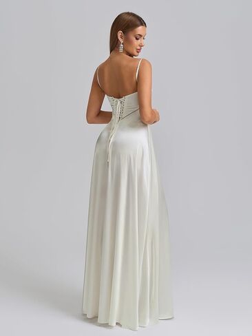 KUTUMAI Satin Maxi Dress Spaghetti Strap Lace Up Long Formal Dresses for Women Wedding Guest Cocktail Evening Prom in Saudi Arabia