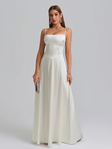 KUTUMAI Satin Maxi Dress Spaghetti Strap Lace Up Long Formal Dresses for Women Wedding Guest Cocktail Evening Prom in Saudi Arabia