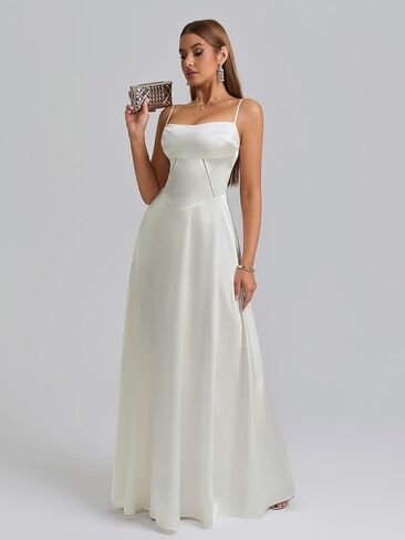 KUTUMAI Satin Maxi Dress Spaghetti Strap Lace Up Long Formal Dresses for Women Wedding Guest Cocktail Evening Prom in Saudi Arabia