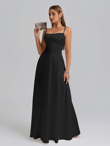 Kutumai Satin Maxi Dress Spaghetti Strap Strap Lace Up Long Stal Presses for Women Wedding Guest Cocktail Prom Prom in Saudi Arabia