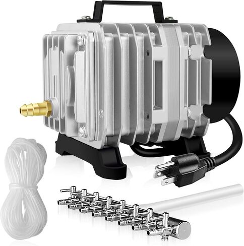 مضخة هواء بسيطة فاخرة LGPUMPAIR65 1030 GPH 35 وات 65 لتر/الدقيقة 6 منافذ تدفق هواء قابلة للتعديل مع أنابيب طيران 25 قدمًا لحوض السمك والبركة ونظام الزراعة المائية، فضي in Saudi Arabia