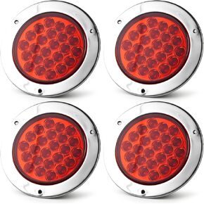 LIGBT 4Pcs 4 Inch Round Red LED Stop Turn Tail Lights 24 LED 4" Trailer Tail Brake Backup Reverse Lights with Stainless Steel Chrome Bezels for Truck Trailer RV Boat