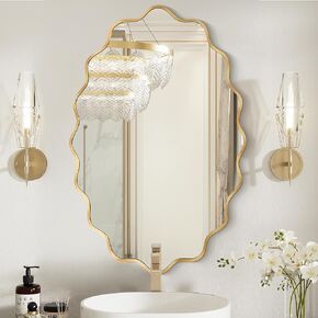 Oval Wavy Mirror - Irregular Wall Mirror 24"x36" Gold Asymmetrical Mirror Aviation Aluminum Alloy Frame for Bathroom, Bedroom, Living Room, Cloakroom, Entryway
