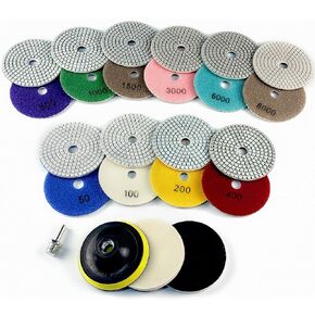 4 Inch Diamond Polishing Pads, 14 PCS 50-8000 Grit Wet/Dry Granite Stone Polish Pad Kit with 5/8’’-11 Backer Pad, Drill Adapter and Wool Disc for Granite Marble Concrete Stone Tile