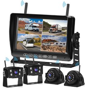 Wireless RV Backup Camera for Trailer, Truck, and Camper - 2.4GHz Digital Rear Side View Cameras with HD 1080P 4 Splits, 7" DVR Screen, IP69 Waterproof, IR Night Vision, 170° Wide View Angle