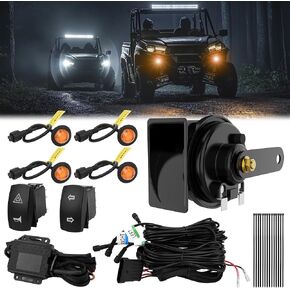 Mictuning UTV/ATV TEURL SIGANT KIT - مصابيح LED PLUCT و PLAY مع مفتاح الروك ، قرن 110 ديسيبل ، مجموعة إشارة الدوران العالمي متوافقة مع Polaris Can -Am Kawasaki CFMOTO