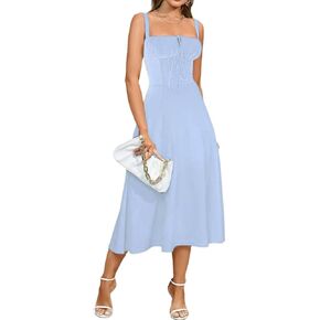 Womens Casual Milkmaid Corset Dress Sleeveless Lace Up Ruched Bodycon Split Bustier A-line Boho Beach Flowy Sundress