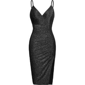 oten Women's Sexy Sparkle Dresses V Neck Spaghetti Straps Ruched Slit Bodycon Cocktail Party Midi Dress in Kuwait