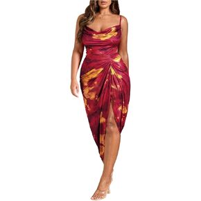 WDIRARA Women's Plus Size Tie Dye Bodycon Long Dress Cowl Neck Sleeveless Ruched Split Cami Dresses
