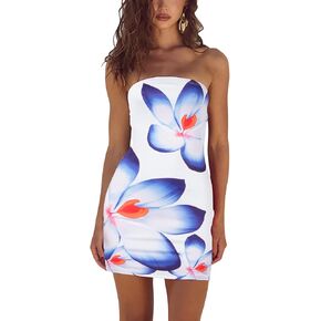 Women Sexy Tropical Summer Dress Strapless Floral Midi Tube Bodycon Party Clubwear in Kuwait