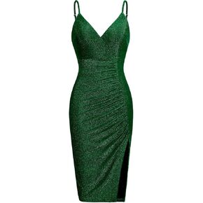 oten Women's Sexy Sparkle Dresses V Neck Spaghetti Straps Ruched Slit Bodycon Cocktail Party Midi Dress