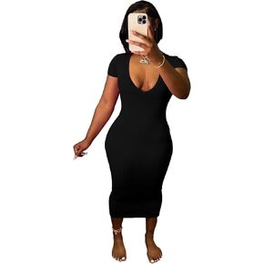 Nimsruc Women's Sexy Summer Casual Short Sleeve Bodycon Dress Deep V-Neck Basic Pencil Midi Club Dresses